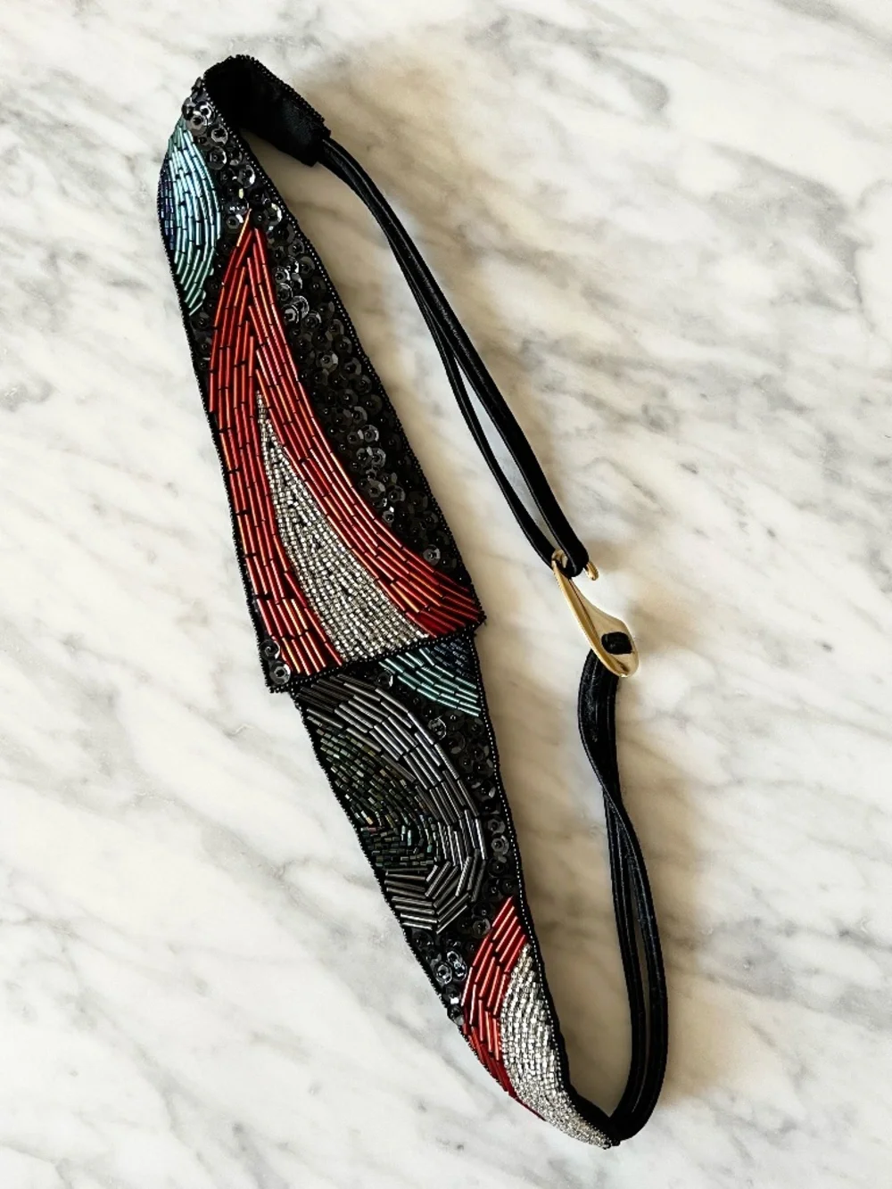 Vintage MILOR Handmade Beaded Elastic Belt Art Deco Geometric Statement